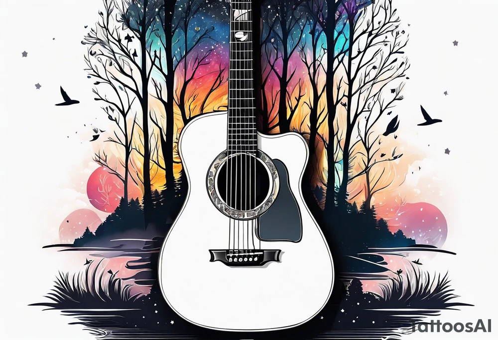 guitar made out of trees and a night sky tattoo idea