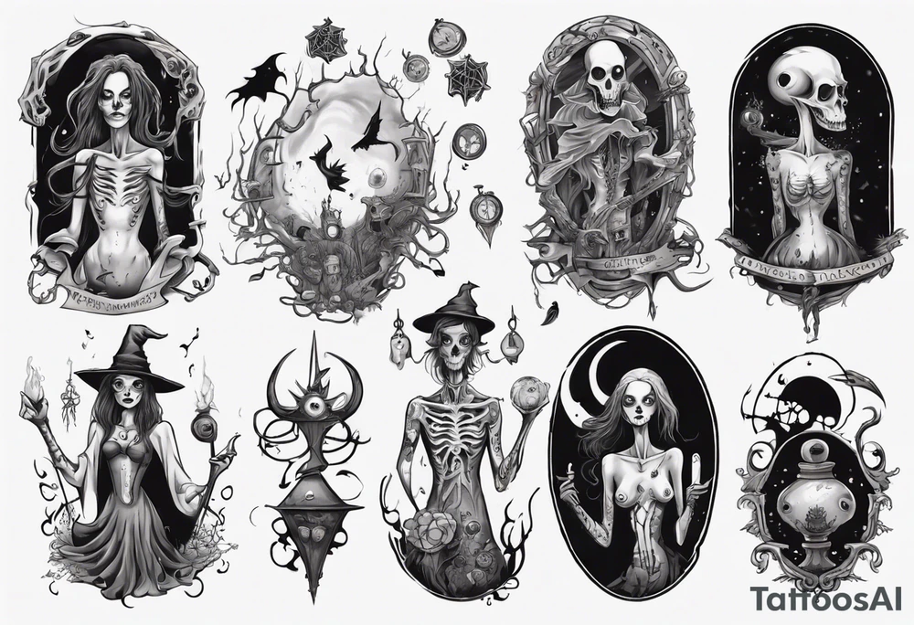 a Tim Burton-style witch necromancer tattoo idea