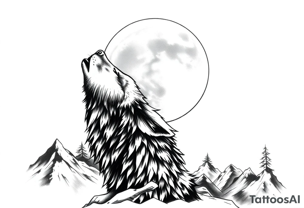 lone wolf howling at full moon with northern lights backdrop tattoo idea
