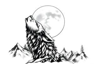 lone wolf howling at full moon with northern lights backdrop tattoo idea