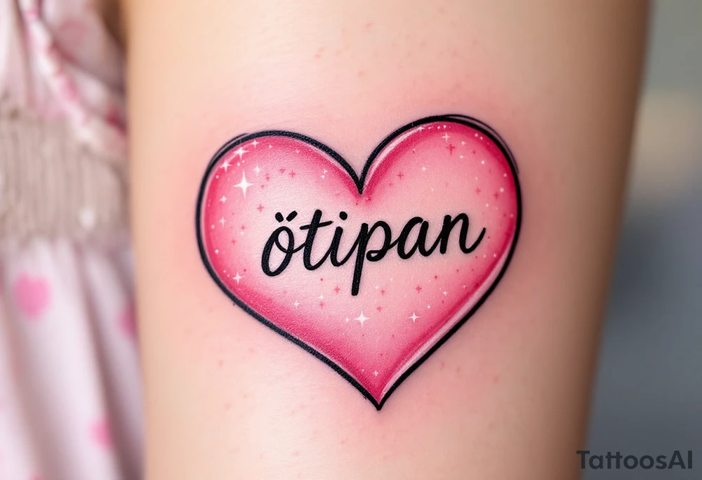 A candy pink heart with sparkles and the name Štěpán inside in rounded print. tattoo idea
