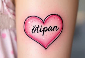A candy pink heart with sparkles and the name Štěpán inside in rounded print. tattoo idea