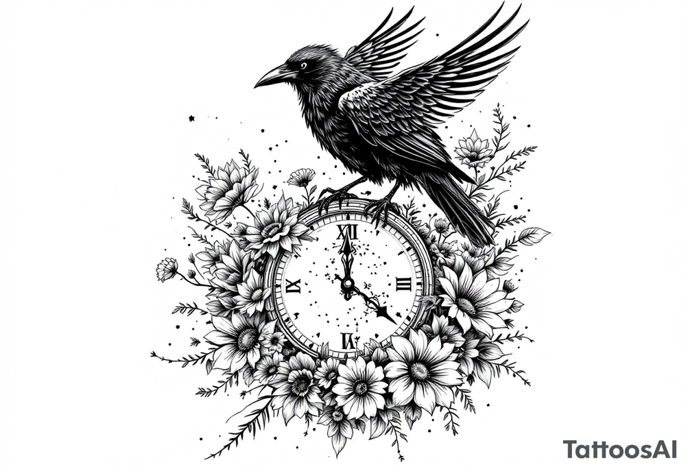 mandala black raven surrounded by flowers standing on a clock face tattoo idea