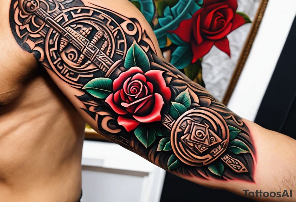 Design a masculine tattoo depicting three delicate rose buds being embraced and protected by 
Aztec weapons. The weapons should include elements such as the macuahuitl (Aztec sword-club), obsidian blades, and Mayan calendar, arranged in a way that forms a protective circle or embrace around the roses. Carve the entire image as if it were a stone sculpture by an ancient Aztec artist, with the texture resembling intricately detailed stone carvings. The roses should be slightly softer but still stylized in stone, giving the entire tattoo a powerful, yet artistic and ancient feel. Use bold, sharp lines to capture the essence of Aztec craftsmanship tattoo idea