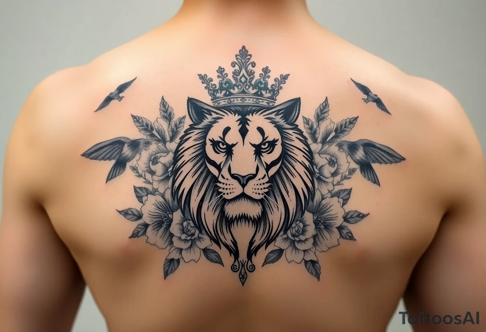 powerful majestic lion with a crown, surrounded by floral ornaments and birds tattoo idea