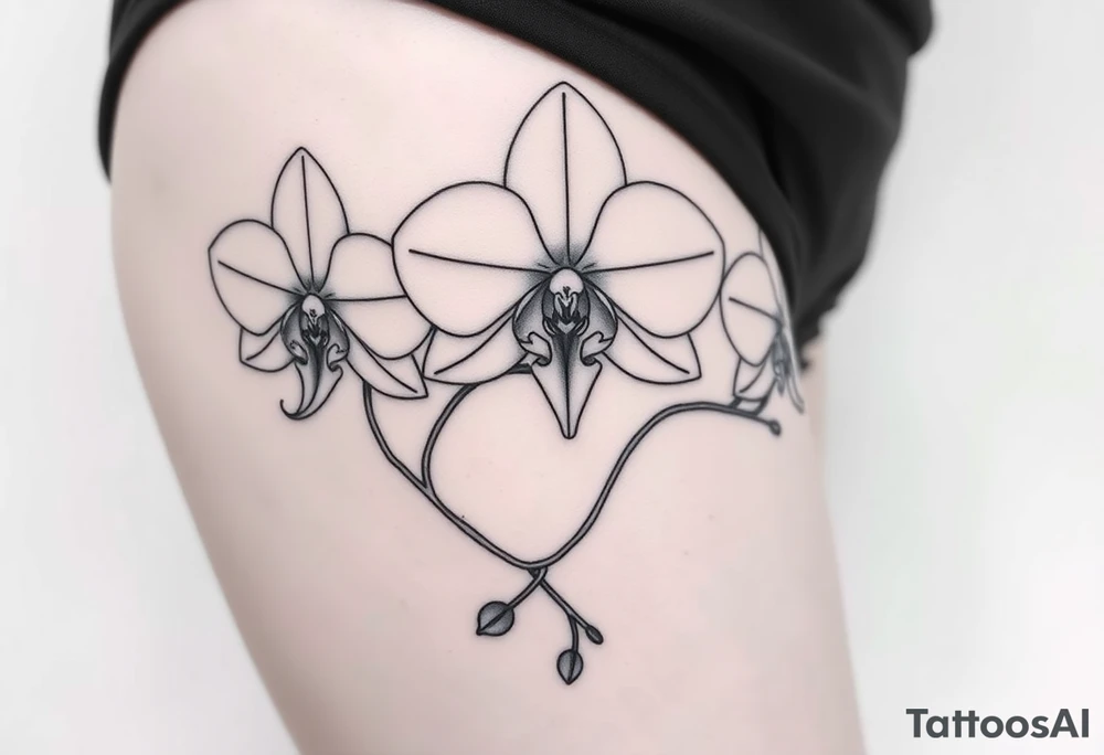 Draw of three fine line orchids different size realistic, the central part resembles a vagina. Are connected with branches tattoo idea