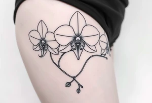 Draw of three fine line orchids different size realistic, the central part resembles a vagina. Are connected with branches tattoo idea