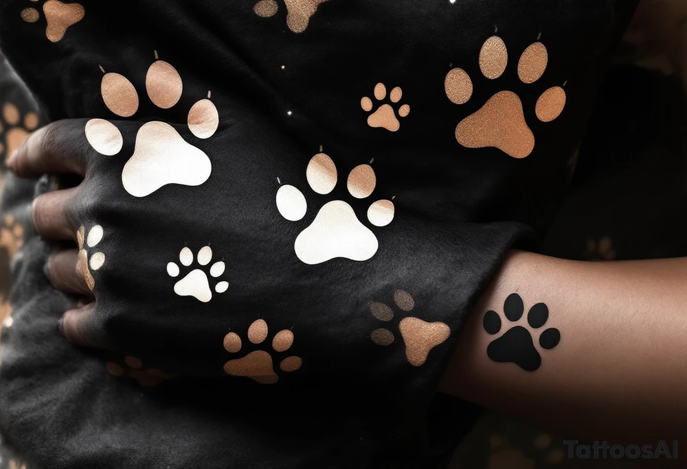 Negative Space Paw Prints – Skin-tone cutouts in a dark shaded background, creating the illusion of paw prints through light and shadow contrast. tattoo idea