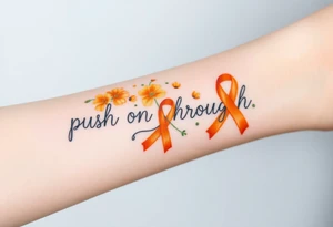 The words “push on through” yellow carnations and orange cancer ribbon tattoo idea