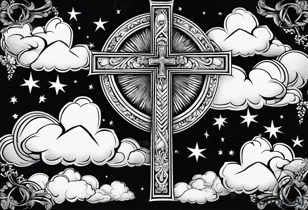 Cross with clouds and sun rays tattoo idea
