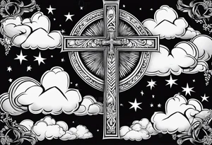 Cross with clouds and sun rays tattoo idea