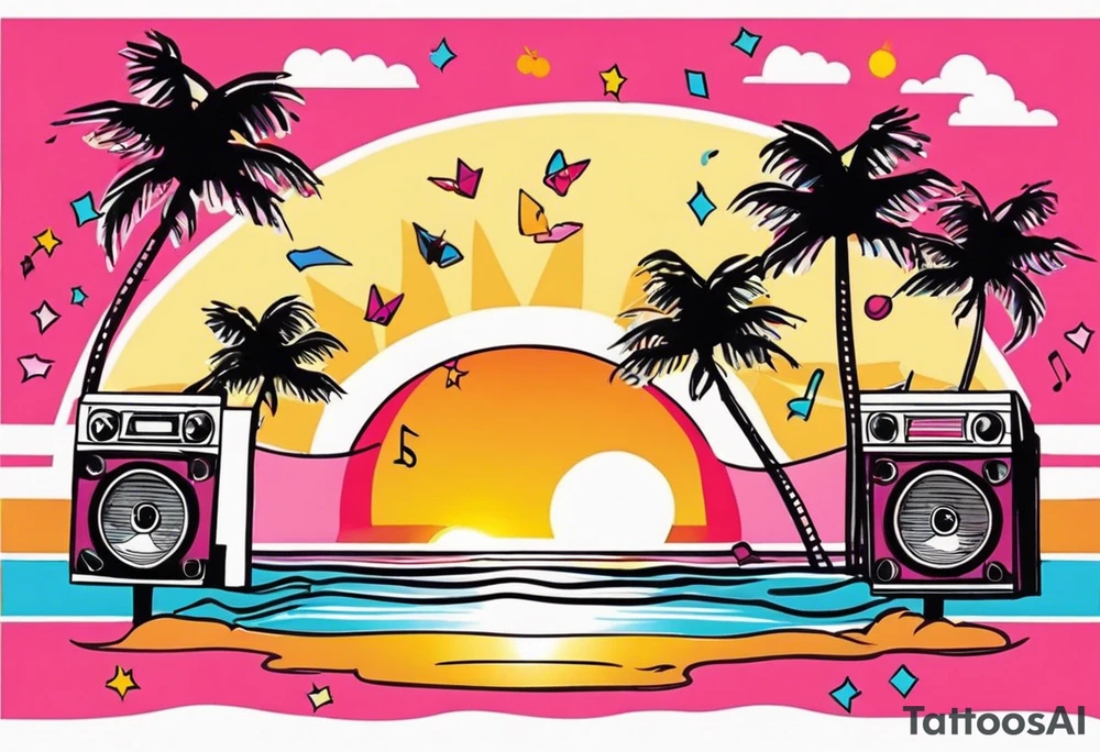 1980's miami vice style beach dance 
party, include confetti, music notes, boom box, bikinis sunset in the center tattoo idea
