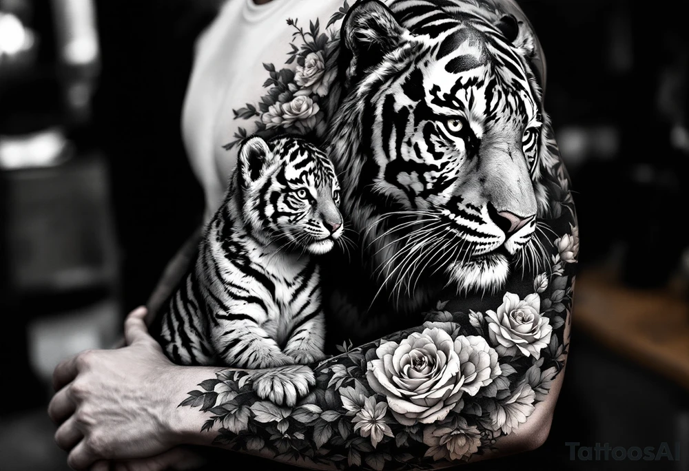 Beautiful, strong and fierce adult female tiger and her cub surrounded by roses and flowers with my daughters name “Zaya” half a sleeve on my arm tattoo idea