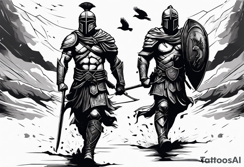 2 Spartans walking in a battlefield with ravens in the background tattoo idea