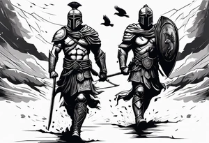 2 Spartans walking in a battlefield with ravens in the background tattoo idea