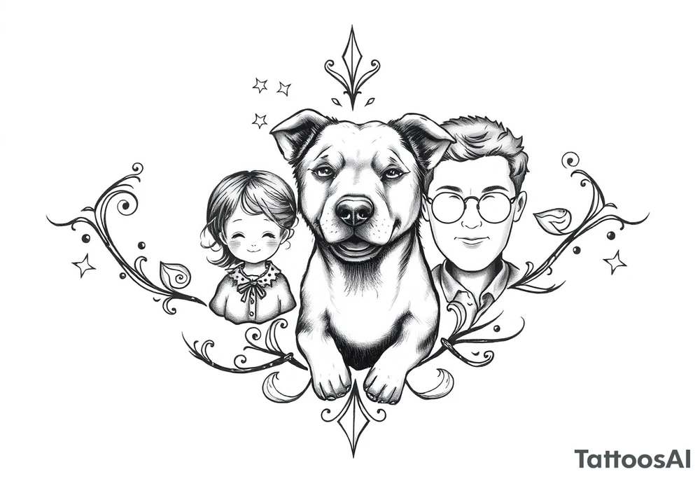 A tattoo that symbolizes three children, a dog and a husband using dainty symbols and a fine line tattoo tattoo idea
