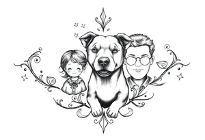 A tattoo that symbolizes three children, a dog and a husband using dainty symbols and a fine line tattoo tattoo idea