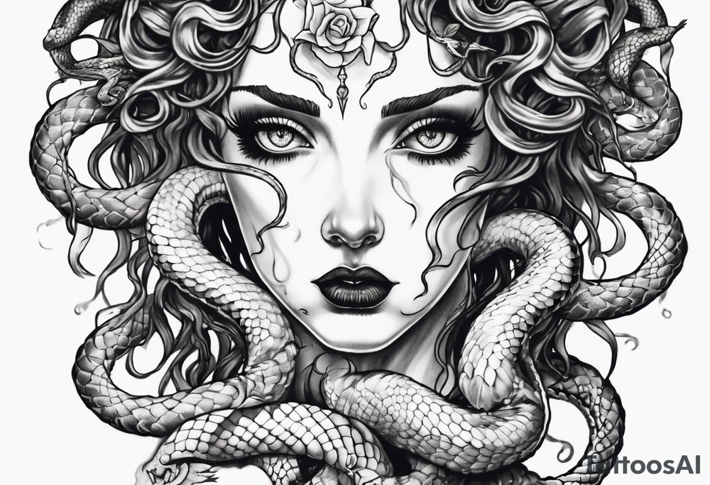 Dark/goth Medusa with white pupils and snake hair. Lilies tattoo idea
