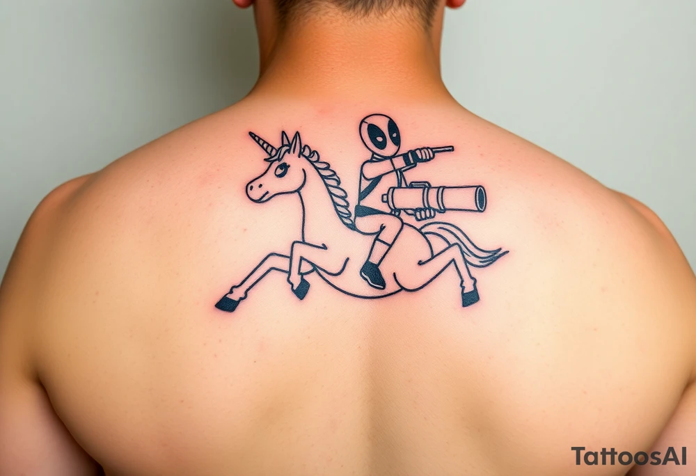 Deadpool riding unicorn pointing rocket propelled grenade launcher tattoo idea