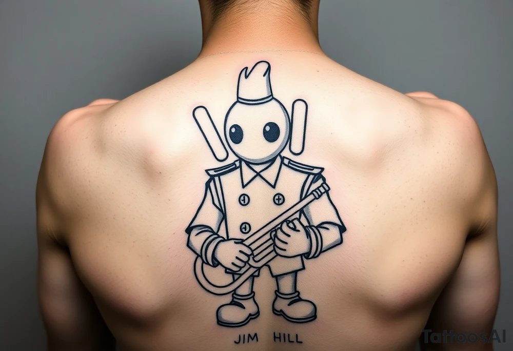 kaws figure wearing Jim Hill High School band uniform holding a mellophone tattoo idea