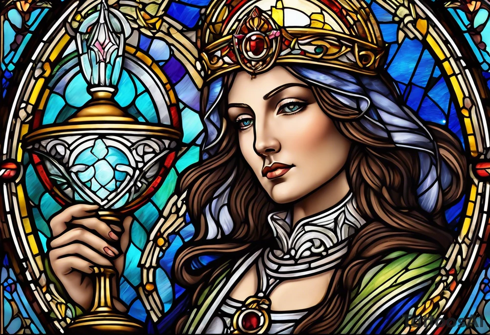 holy saint woman with halo stained glass holding a chalice with artillery tattoo idea