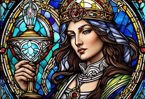 holy saint woman with halo stained glass holding a chalice with artillery tattoo idea