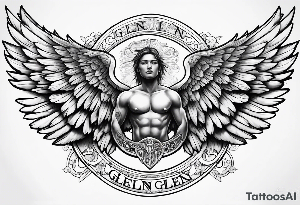 The word Glenn with angel Wings at the side tattoo idea
