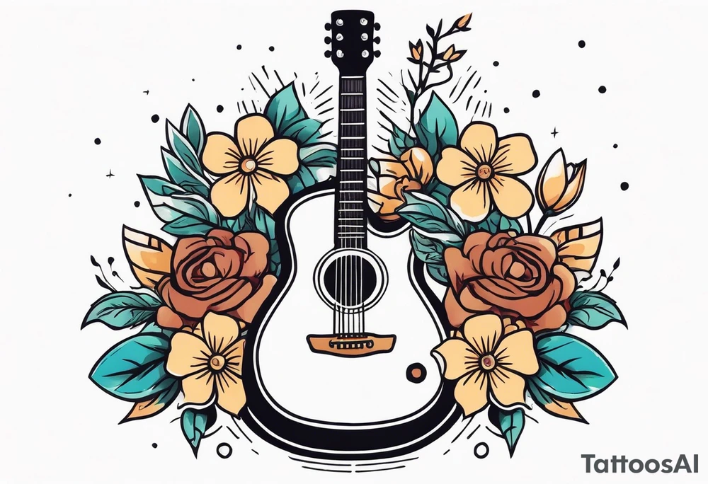old school traditional vintage style design of guitar with flowers surrounding it tattoo idea