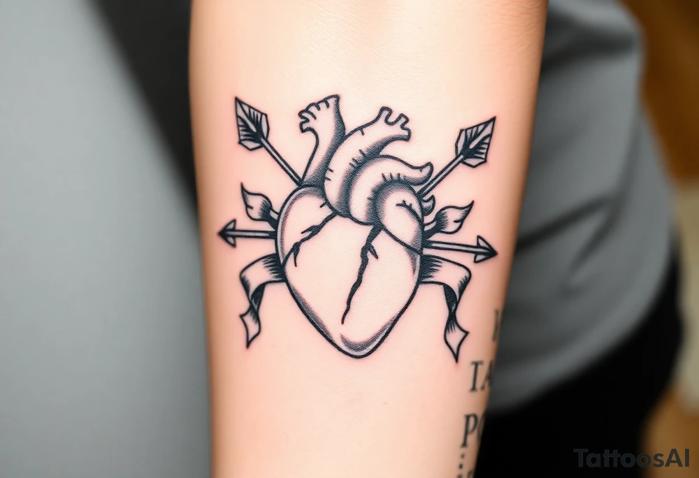 anatomical heart pierced by ornate arrow with flowing ribbons tattoo idea