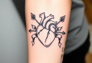 anatomical heart pierced by ornate arrow with flowing ribbons tattoo idea