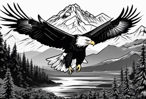 Bald eagle with mountain background tattoo idea