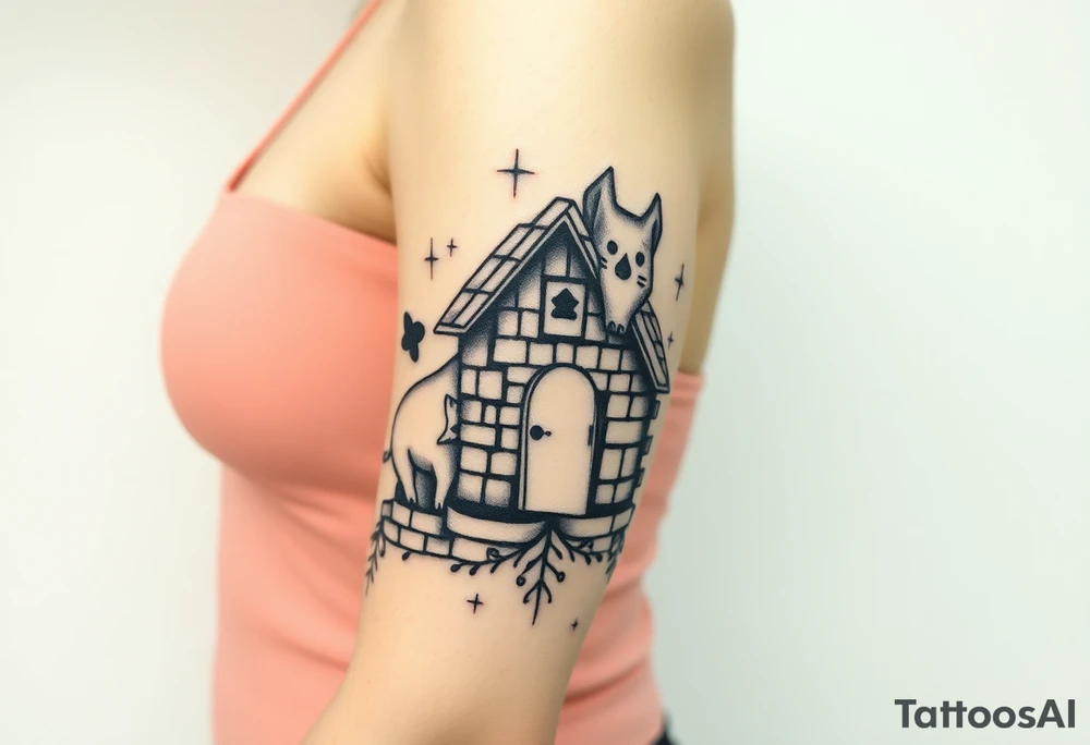 Three little pigs nursery rhyme hiding in a brick house from the big bad wolf I'll huff and puff and blow ur house down tattoo idea