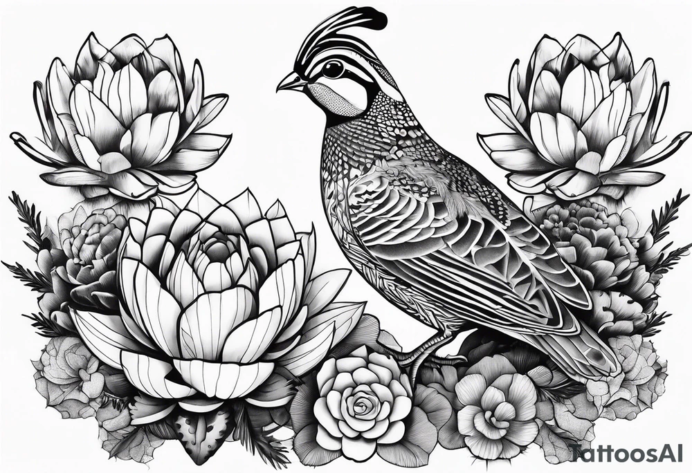 Quails, cactus, flowers tattoo idea