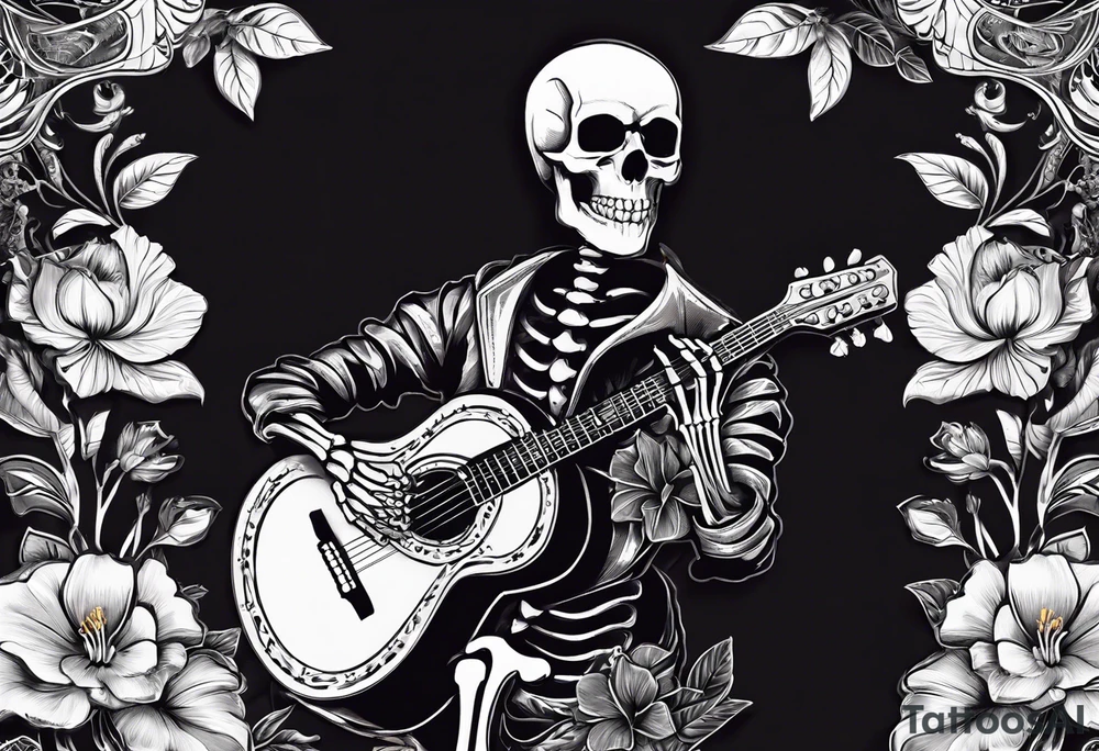 a male and a female skeleton. The male skeleton is playing the guitar. The female skeleton has a hibiscus flower. tattoo idea