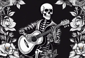 a male and a female skeleton. The male skeleton is playing the guitar. The female skeleton has a hibiscus flower. tattoo idea