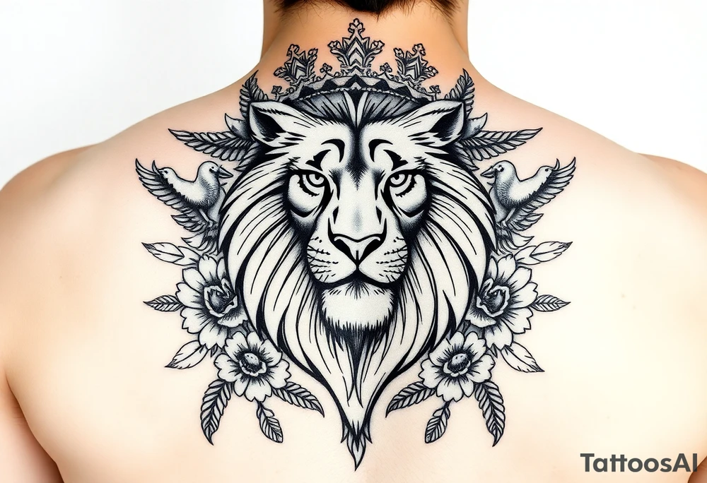 powerful majestic lion with a crown, surrounded by floral ornaments and birds tattoo idea