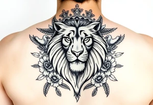 powerful majestic lion with a crown, surrounded by floral ornaments and birds tattoo idea