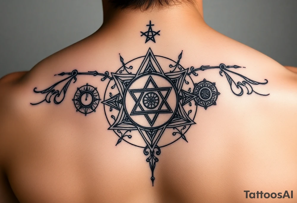 wide sacred geometry throat tattoo with several symbols combined tattoo idea