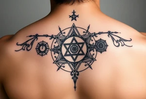 wide sacred geometry throat tattoo with several symbols combined tattoo idea