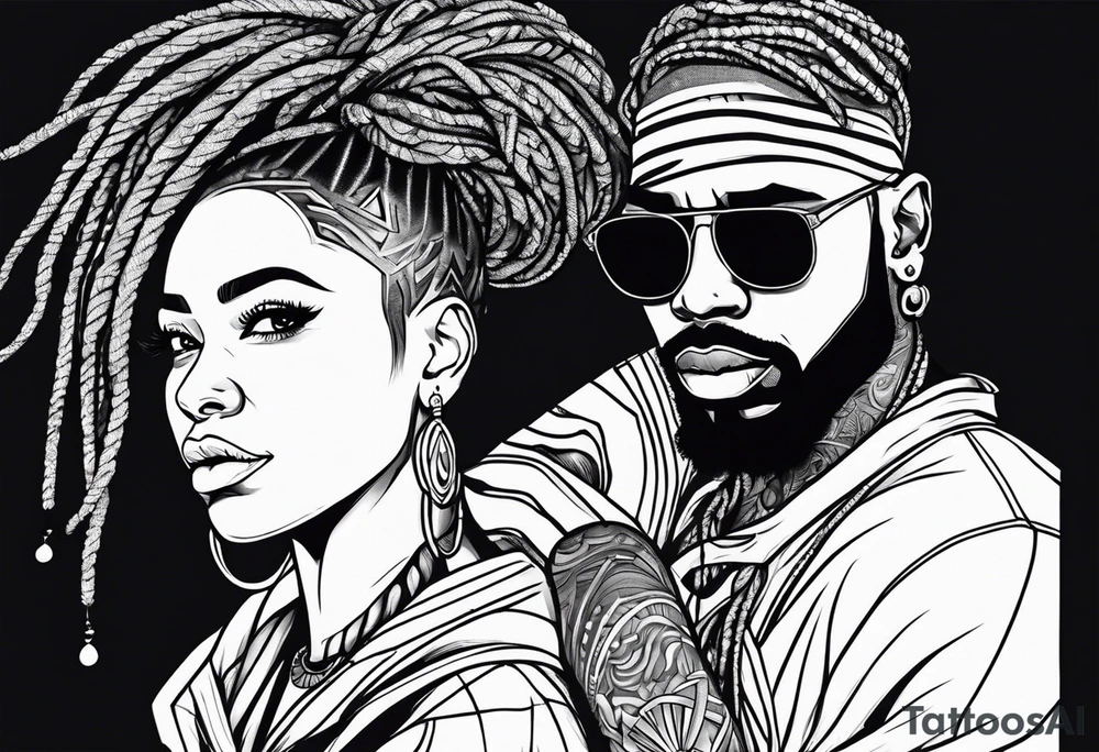 Black man with dreads and women with short hair together tattoo idea