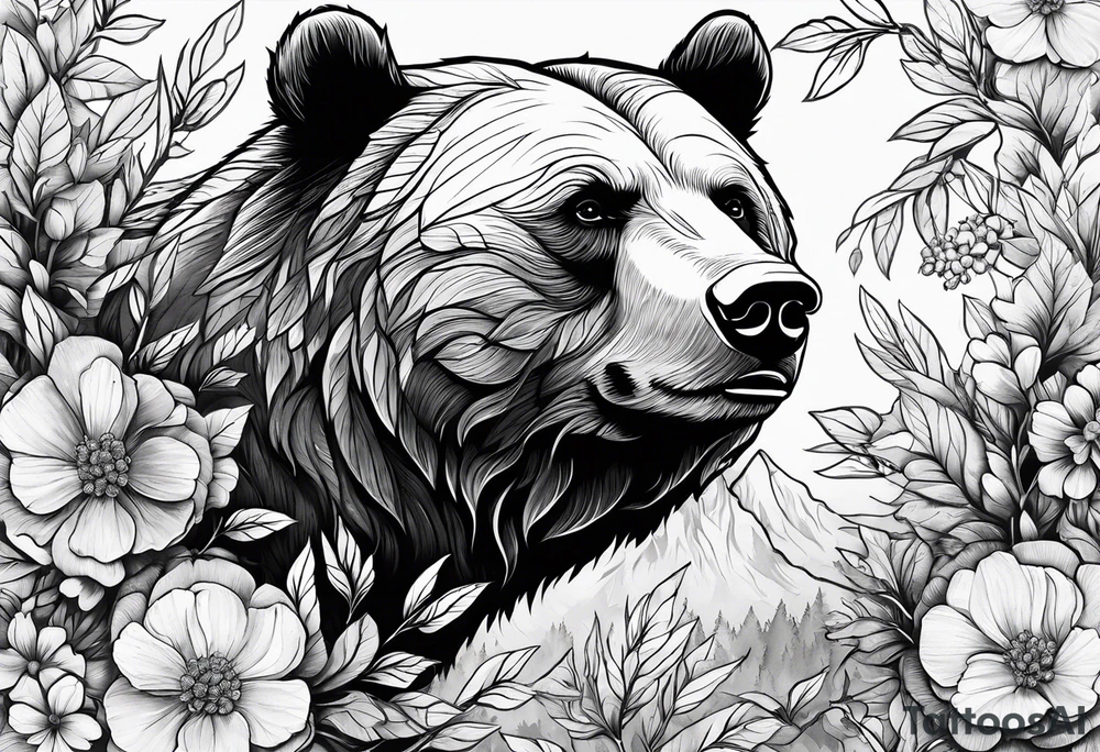 Bear surrounded by trees leaves and flowers tattoo idea