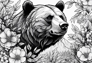 Bear surrounded by trees leaves and flowers tattoo idea