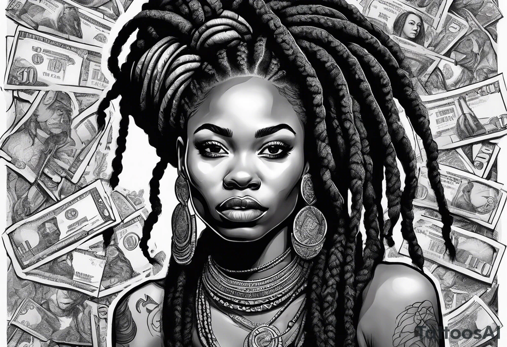 african woman with dreadlocks and money tattoo idea