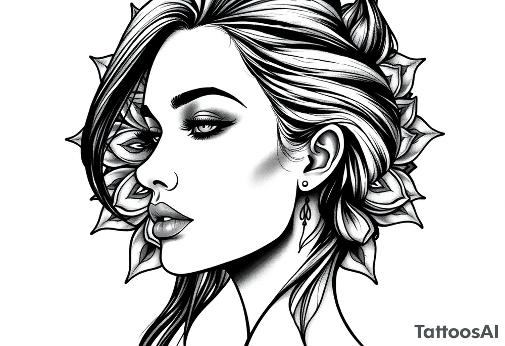 Powerful side profile woman’s face with mandala background tattoo idea