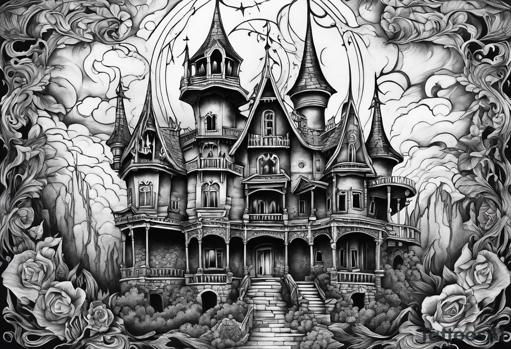 Scary rotting haunted castle tattoo idea