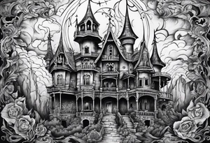 Scary rotting haunted castle tattoo idea