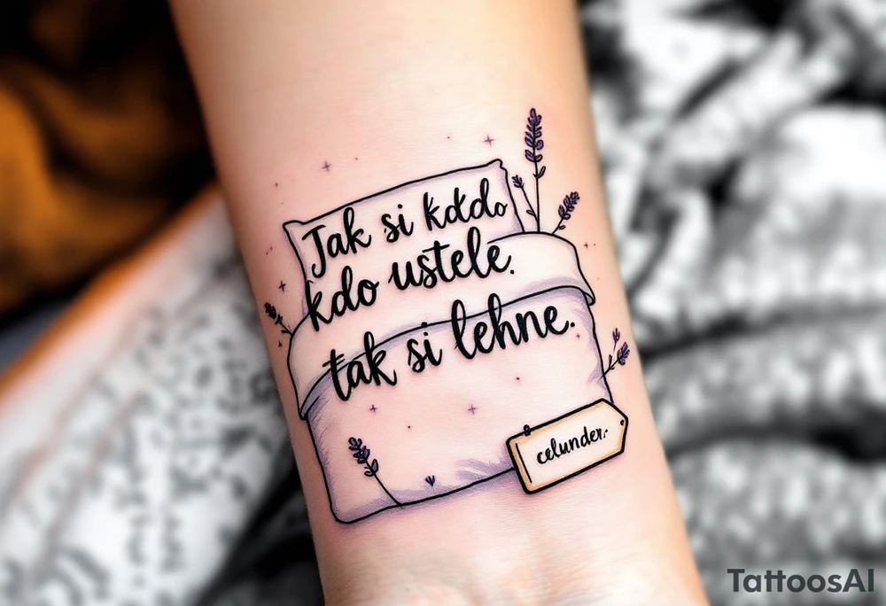 "Jak si kdo ustele, tak si lehne." — A cozy bed drawn in fine black linework, surrounded by delicate lavender accents and the quote on a pillow tag. tattoo idea