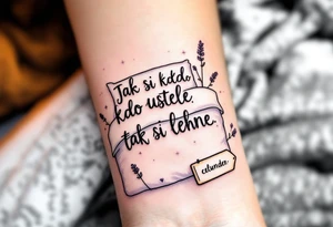 "Jak si kdo ustele, tak si lehne." — A cozy bed drawn in fine black linework, surrounded by delicate lavender accents and the quote on a pillow tag. tattoo idea
