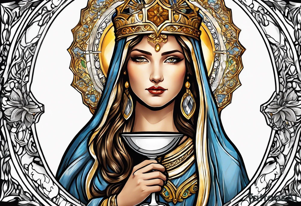 holy saint woman with golden halo holding a chalice tattoo idea