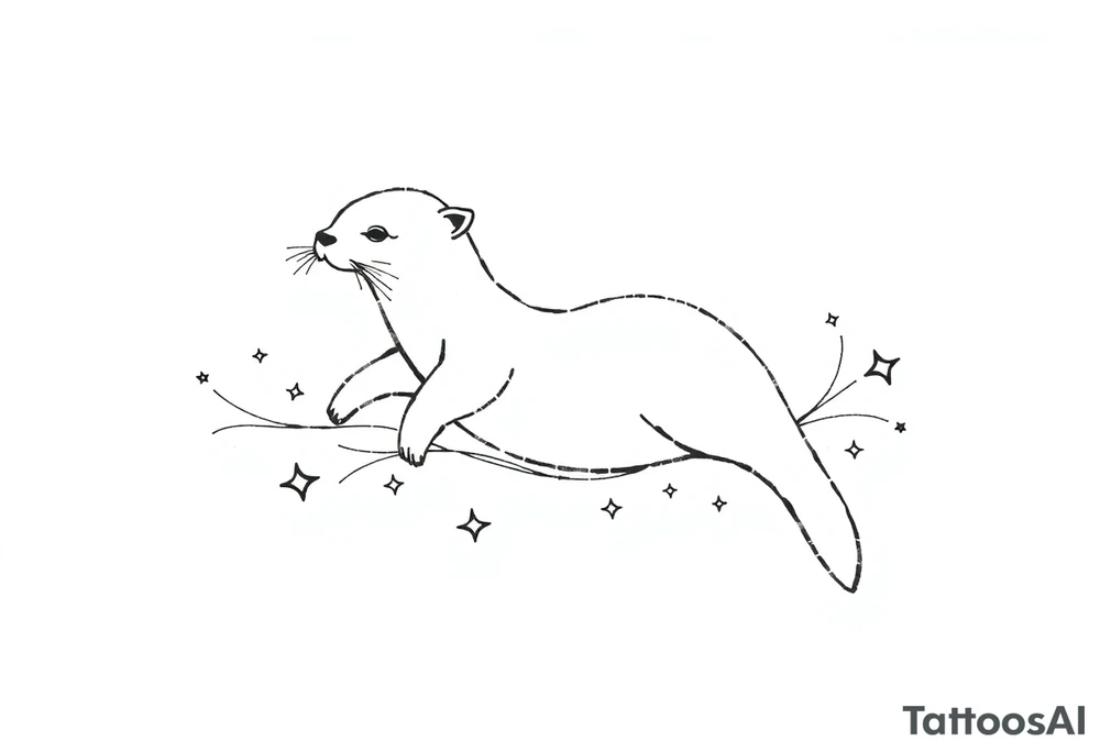 outline of a gracefully swimming otter over flourish lines and stars tattoo idea
